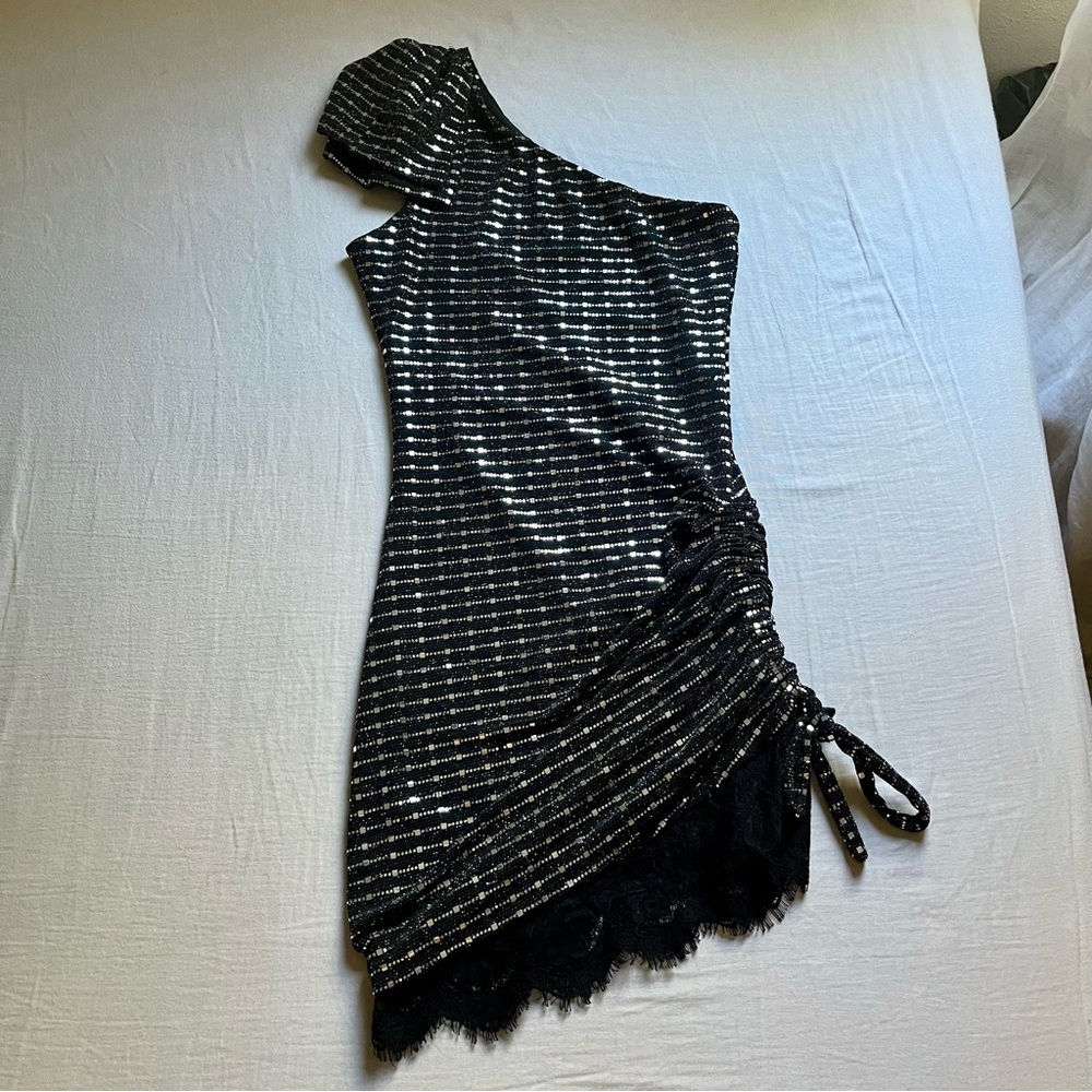H:ours black gunmetal silver metallic lace trim knit ruched one shoulder mini‎